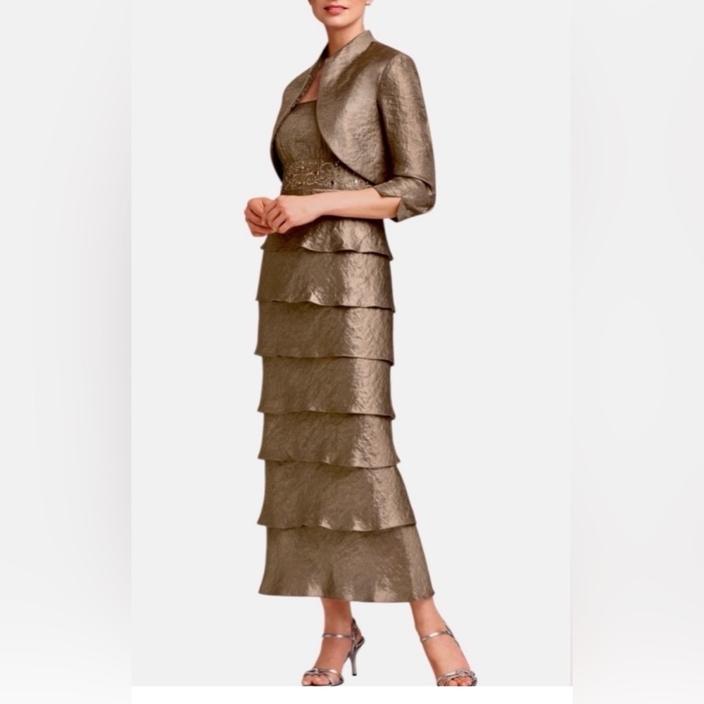 R&M Richards 2 pc tiered dress set in shimmery Taupe sz 10 evening